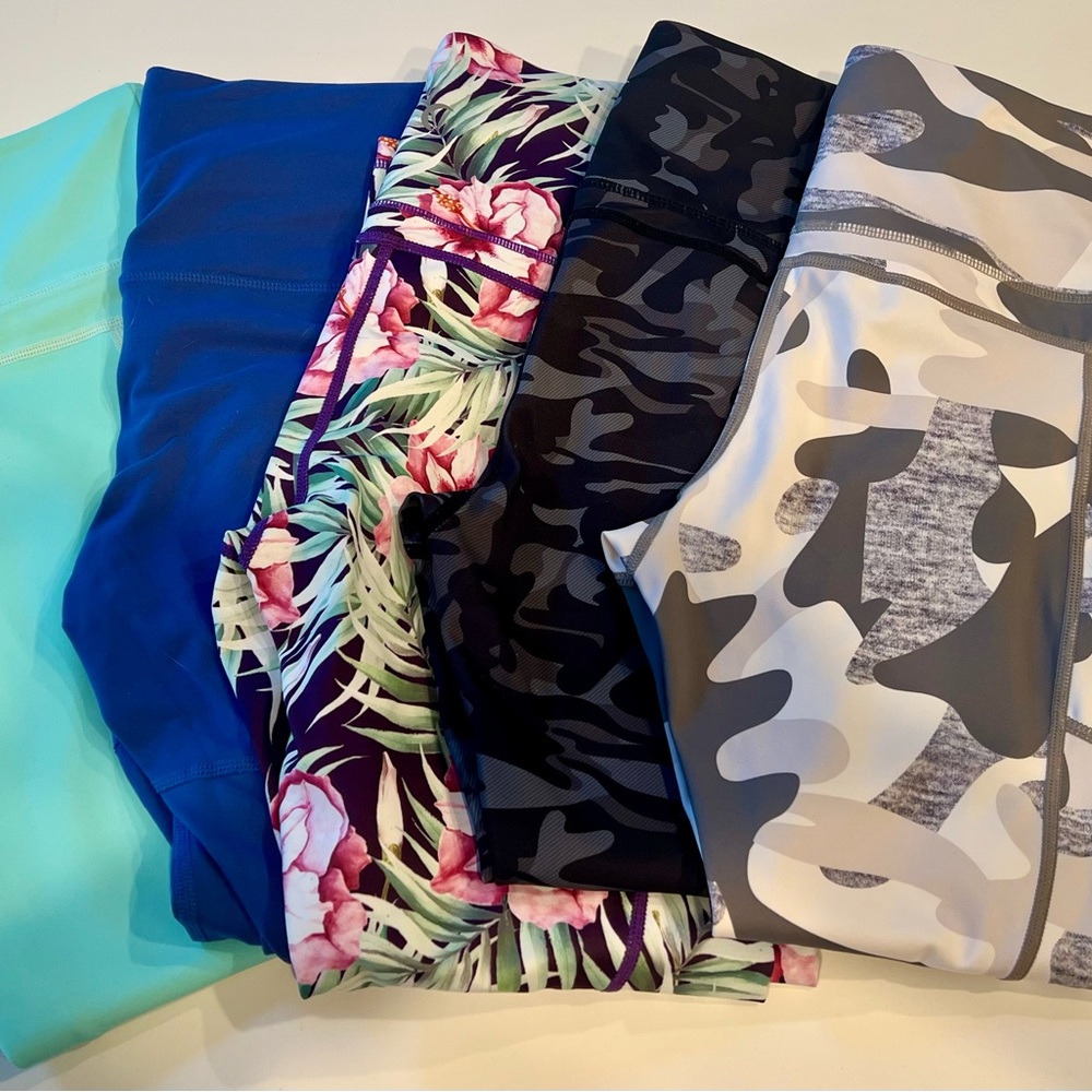 ZYIA Women's 7/8 Leggings - 5 pack. Aqua, Blue, Floral, Black Camo, Gray Camo.